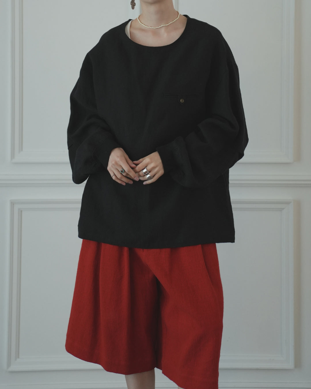 High Waist 2 Tuck Wide Half Trousers〈 000012-06 〉