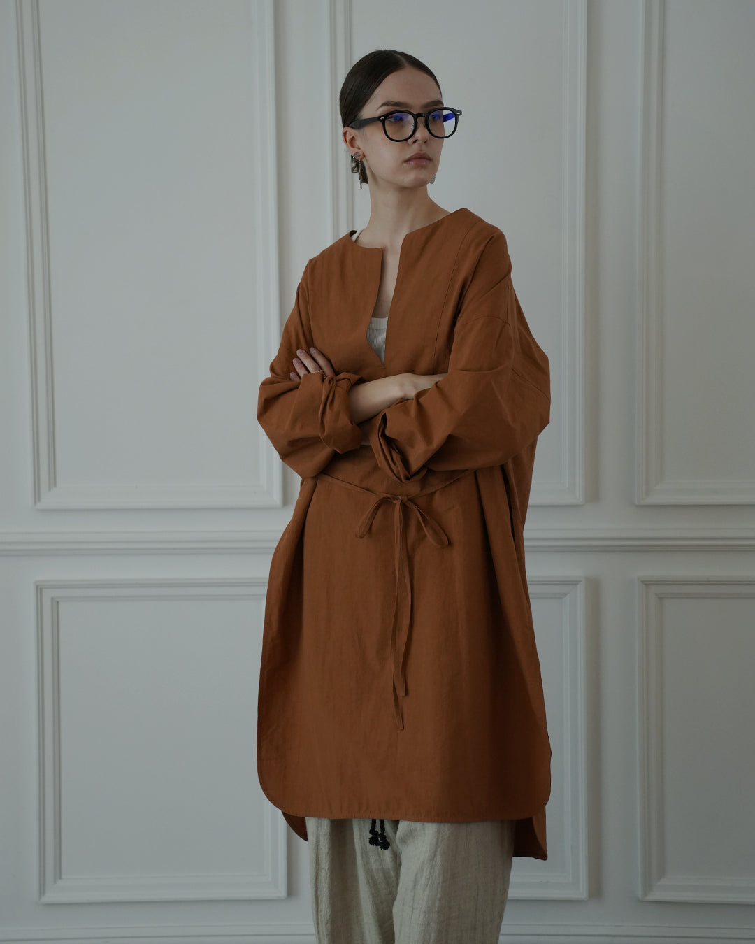Key Neck Side Slit Long Length Pullover Shirt.