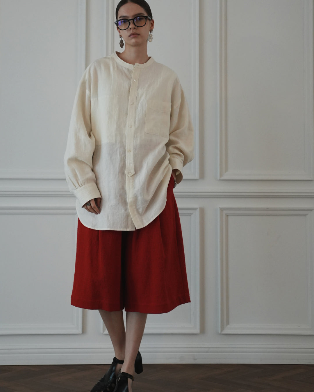 High Waist 2 Tuck Wide Half Trousers〈 000012-06 〉