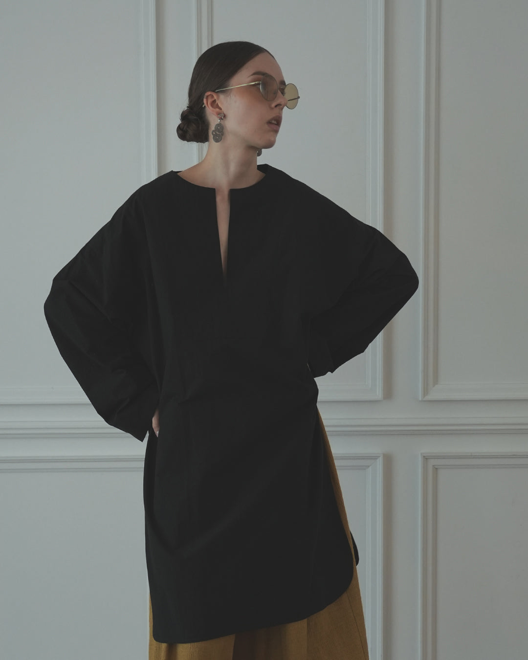 Key Neck Side Slit Long Length Pullover Shirt.