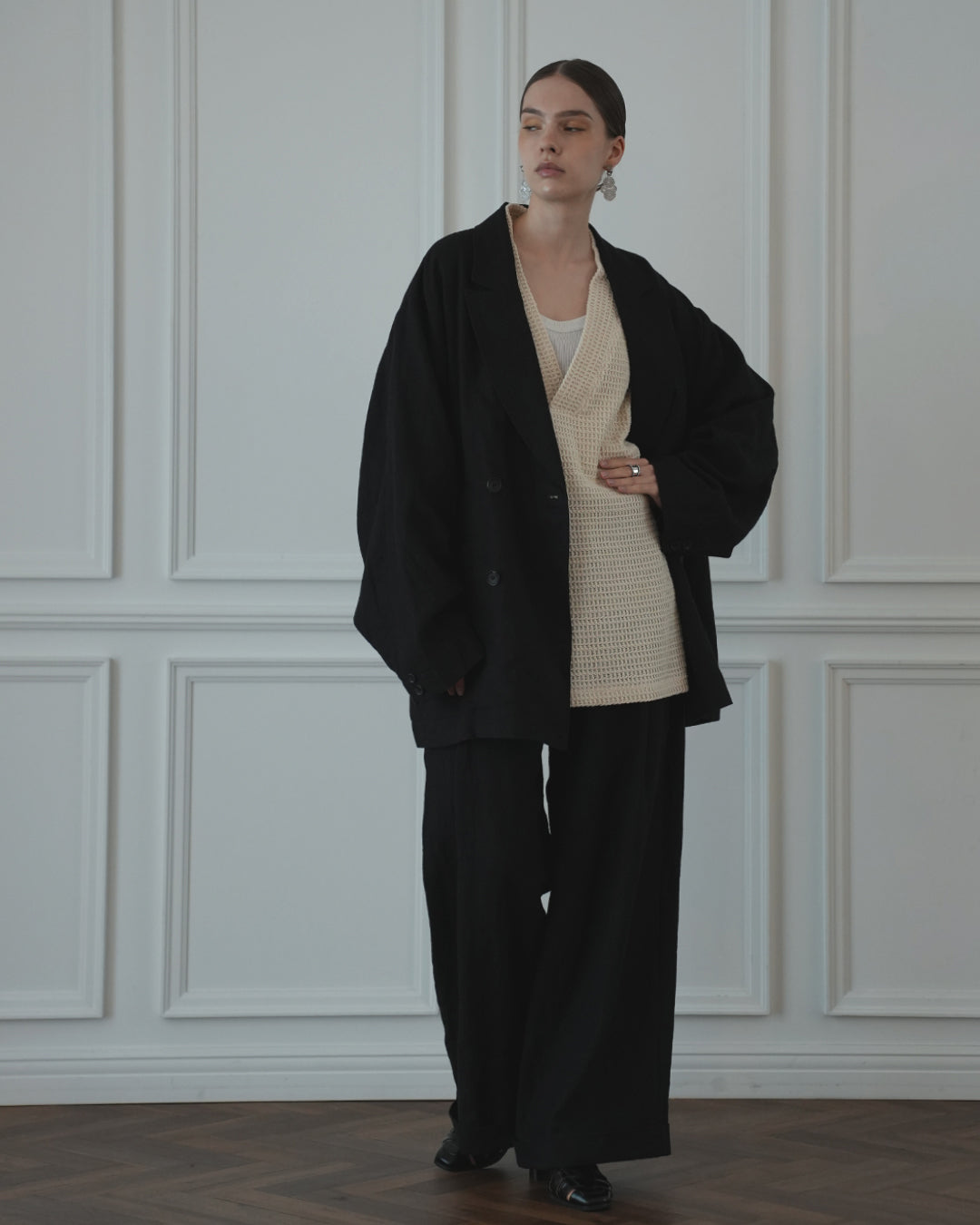 Back-Open Peak Lapel Double-Breasted Over Jacket.