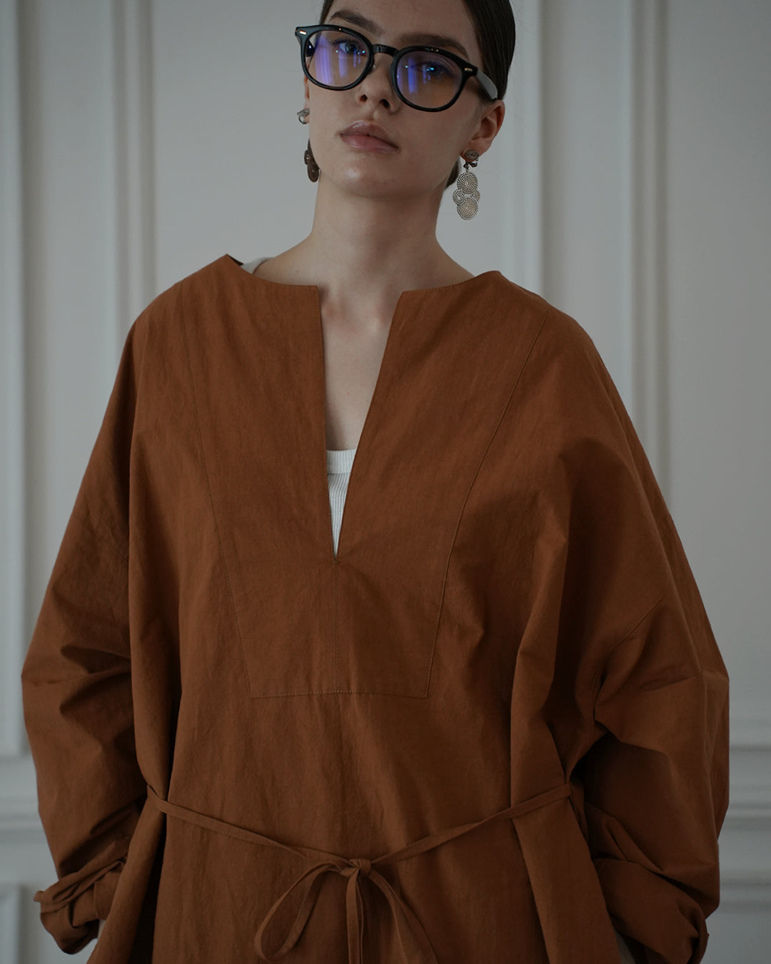 Key Neck Side Slit Long Length Pullover Shirt.