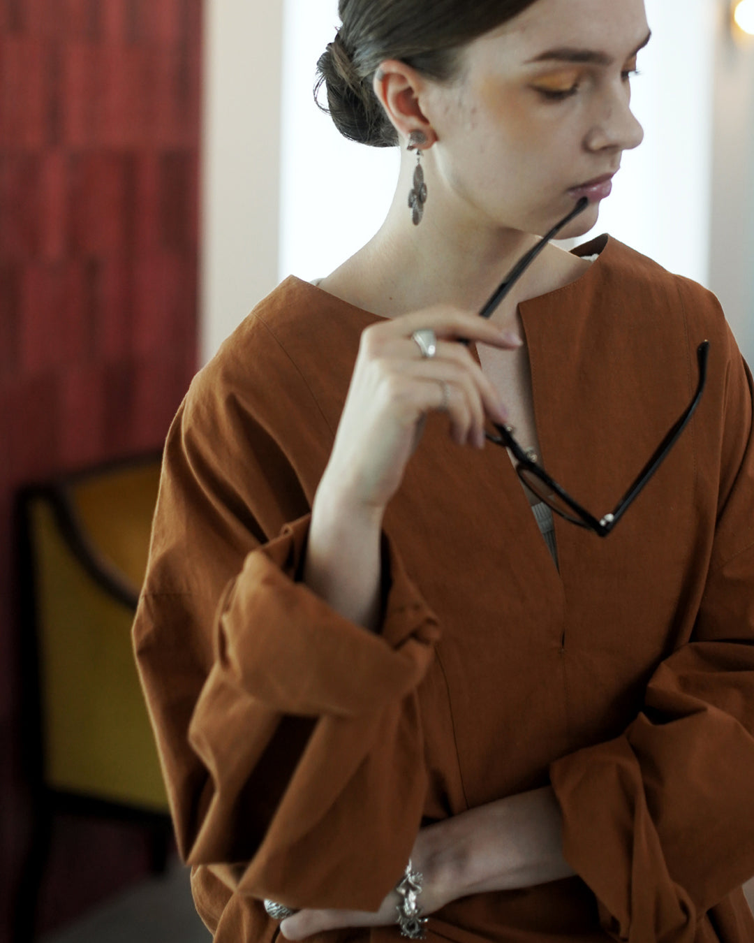 Key Neck Side Slit Long Length Pullover Shirt.