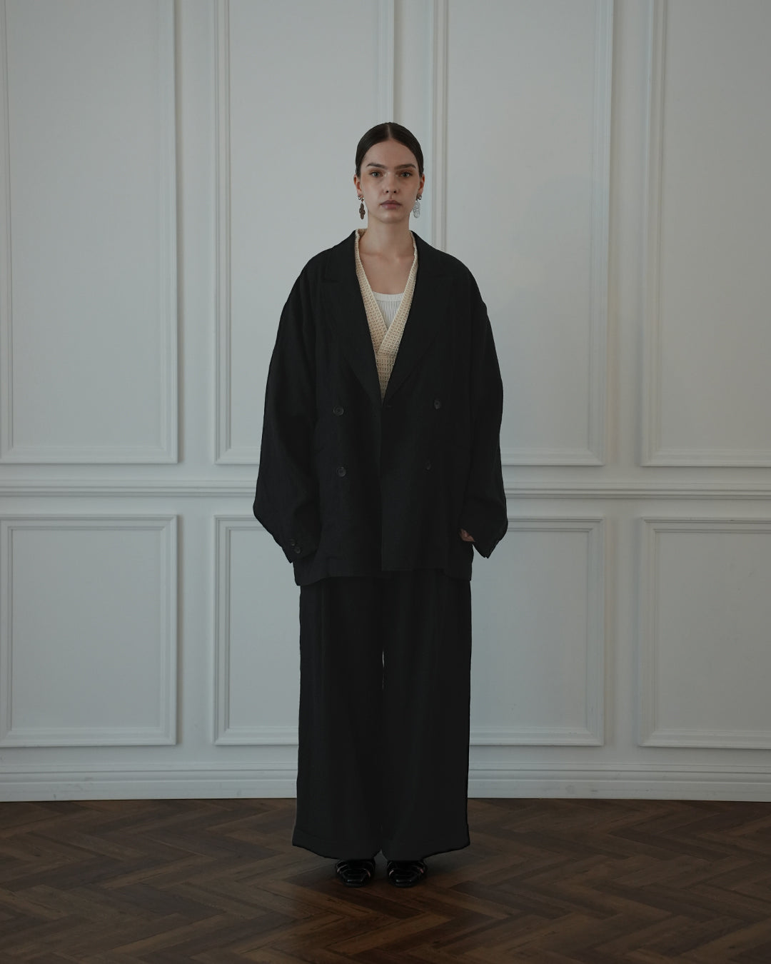 Back-Open Peak Lapel Double-Breasted Over Jacket.