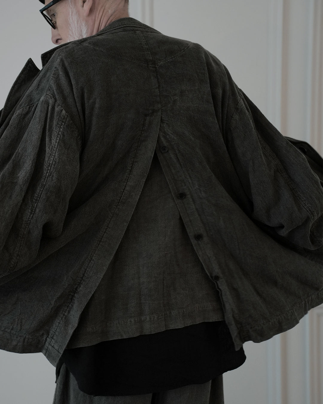 Back-Open Peak Lapel Double-Breasted Over Jacket.