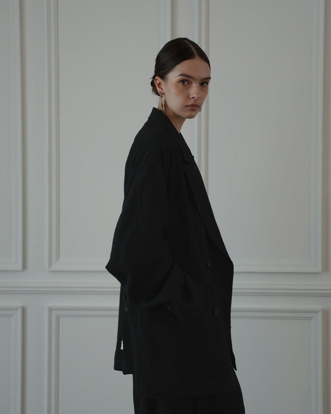 Back-Open Peak Lapel Double-Breasted Over Jacket.