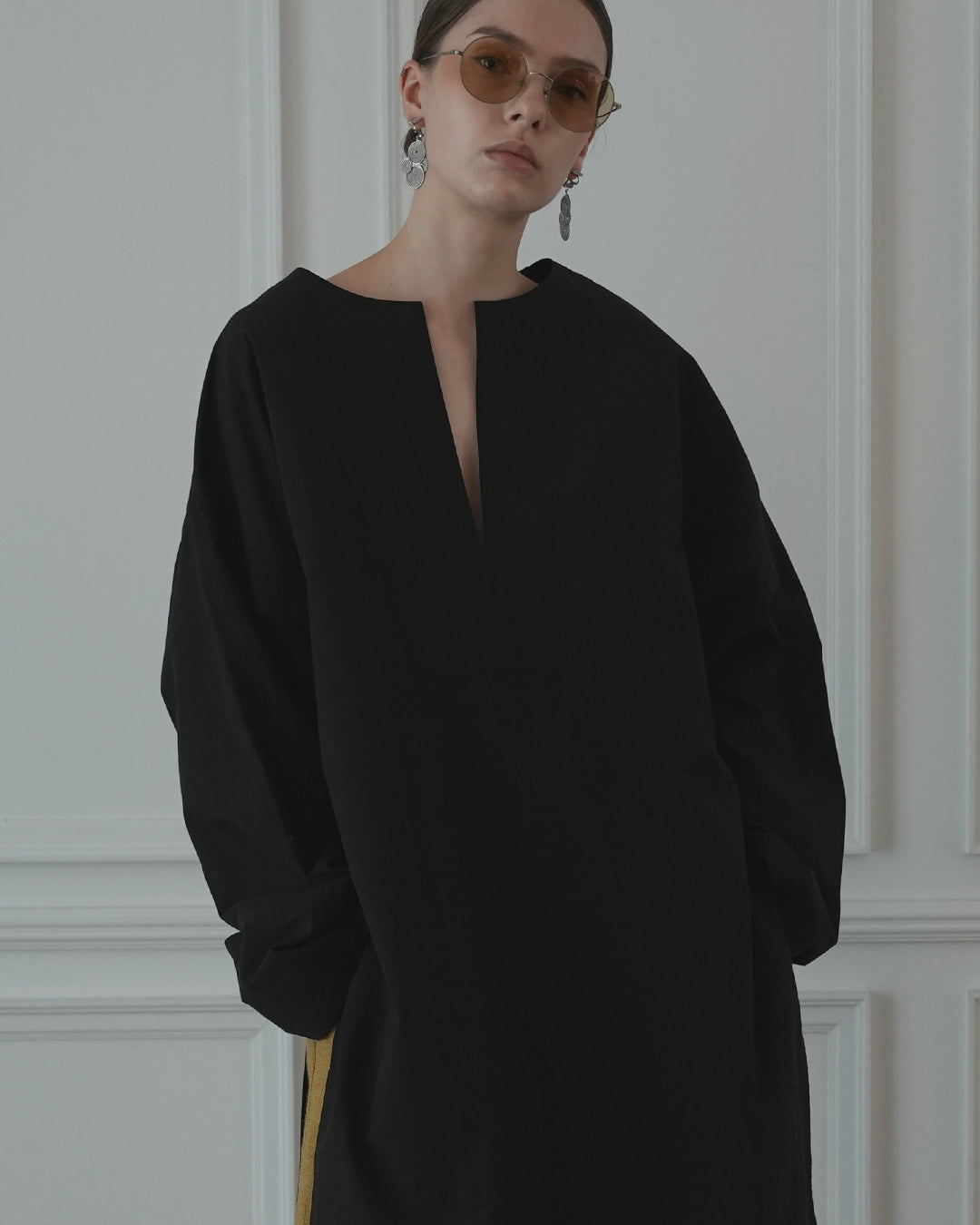 Key Neck Side Slit Long Length Pullover Shirt.