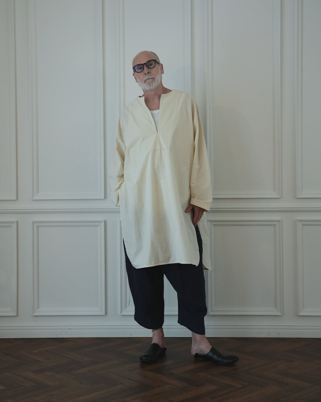 Key Neck Side Slit Long Length Pullover Shirt〈 000007-03 〉