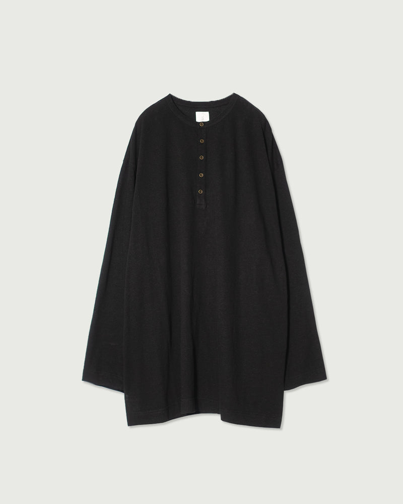 Linen Jersey Henley Neck Middle Length L/S Tee <#black>