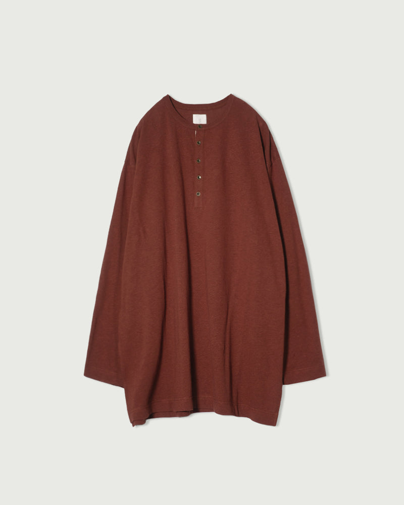 Linen Jersey Henley Neck Middle Length L/S Tee <#terracotta>