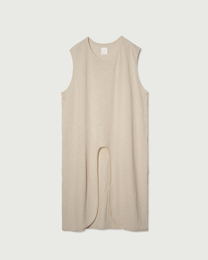 Linen Jersey Inner Layered Front Slit Tank Top <#ivory>