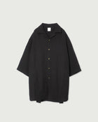 Wash Linen Open Collar 3/4 Sleeve Sleeping Shirt <#black>