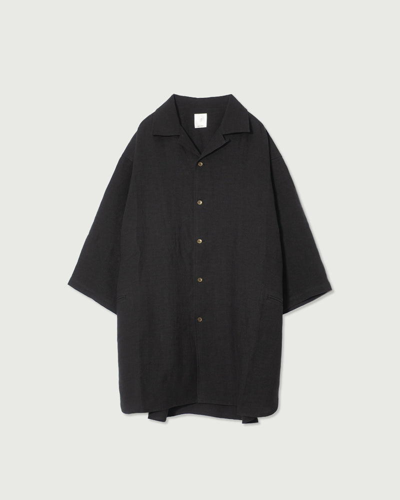 Wash Linen Open Collar 3/4 Sleeve Sleeping Shirt <#black>