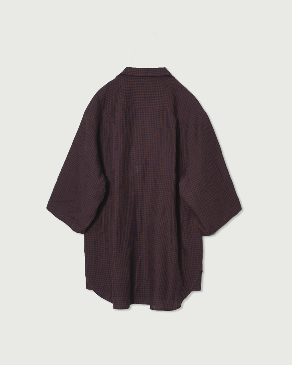 Wash Linen Open Collar 3/4 Sleeve Sleeping Shirt <#brown×navy>