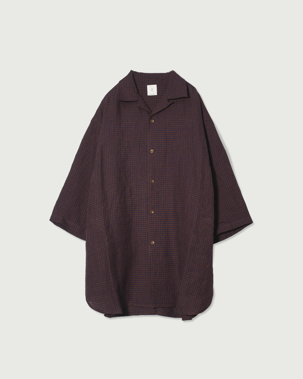 Wash Linen Open Collar 3/4 Sleeve Sleeping Shirt <#brown×navy>