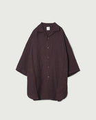 Wash Linen Open Collar 3/4 Sleeve Sleeping Shirt <#brown×navy>