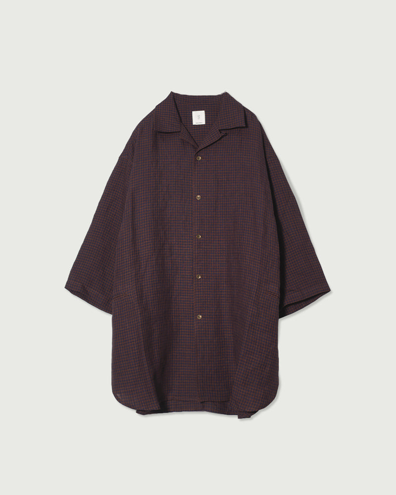 Wash Linen Open Collar 3/4 Sleeve Sleeping Shirt <#brown×navy>