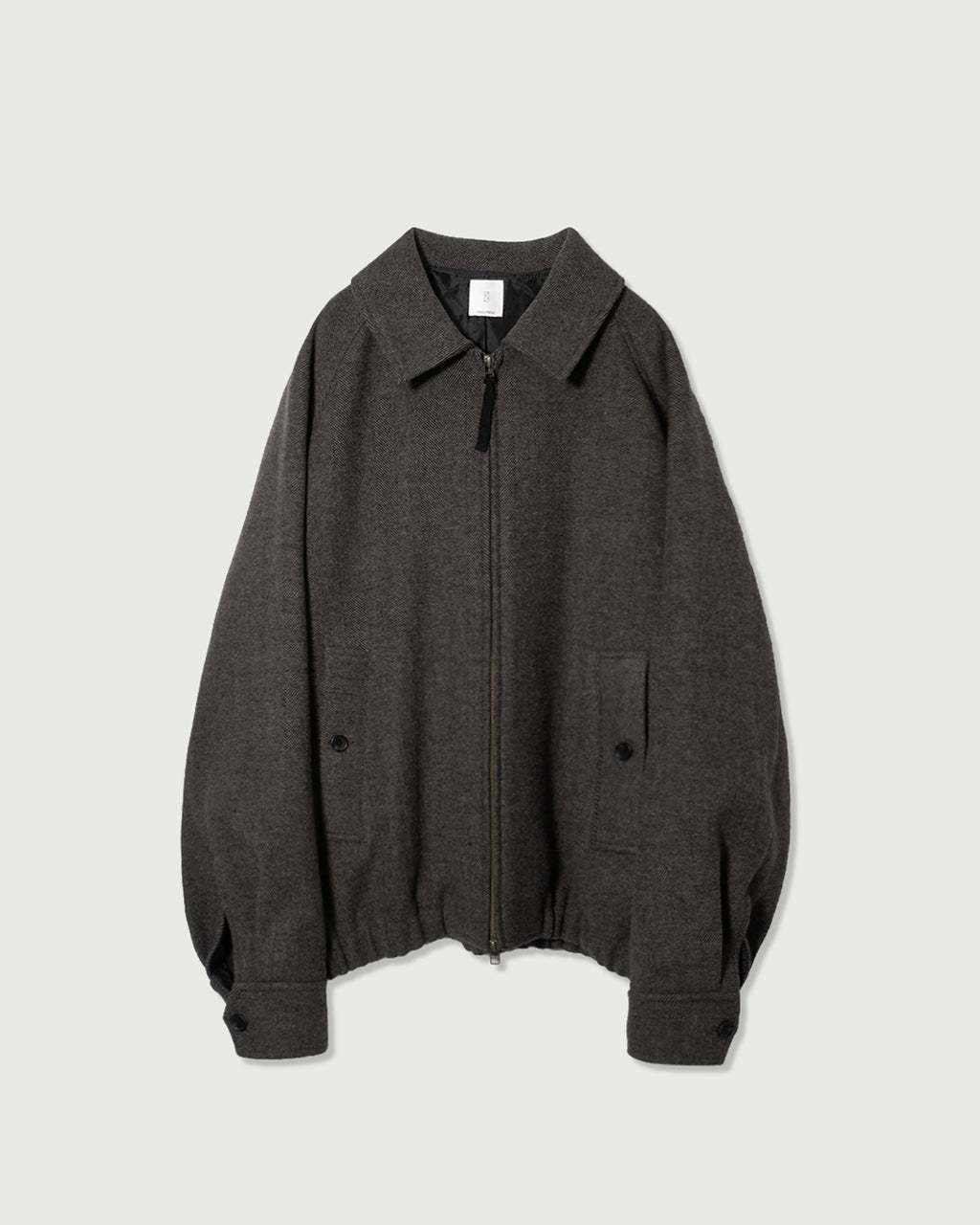 Wool Blend Herringbone Tweed Volume Zip Blouson <#brown>