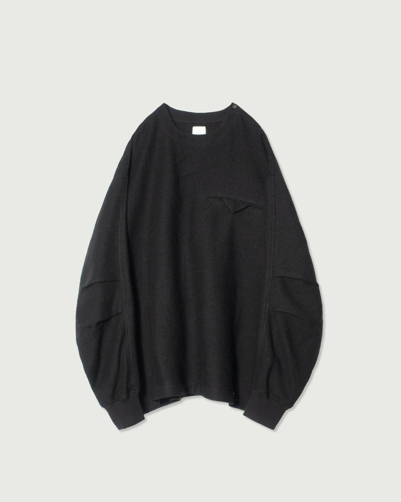 Shetland Wool Linen Crew Neck LS Tuck Rib Pullover <#black>
