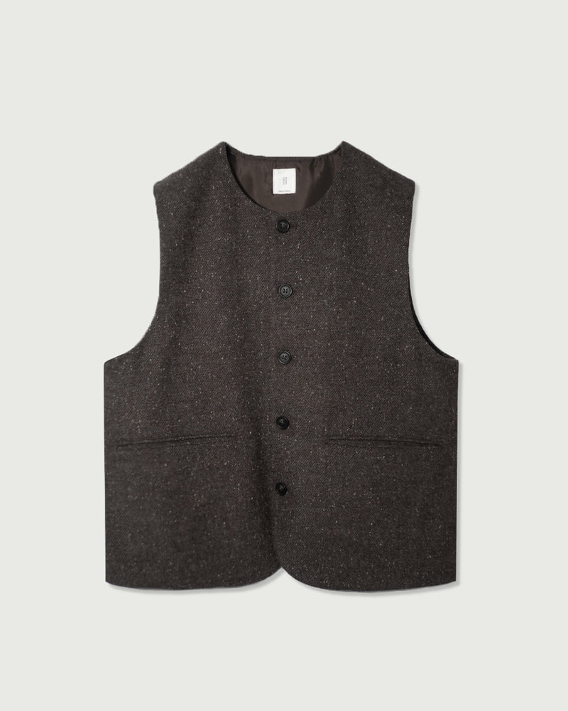 Wool Blend Tweed Back-Open Layered Crew Neck Vest <#brown>