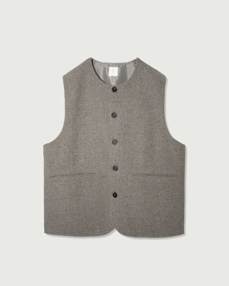 Wool Blend Tweed Back-Open Layered Crew Neck Vest <#greige>