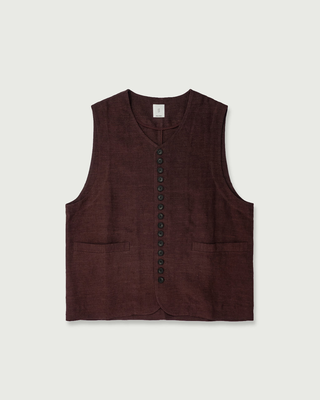 French Linen Back Belt Button Design V-Neck Vest <#burgundy>