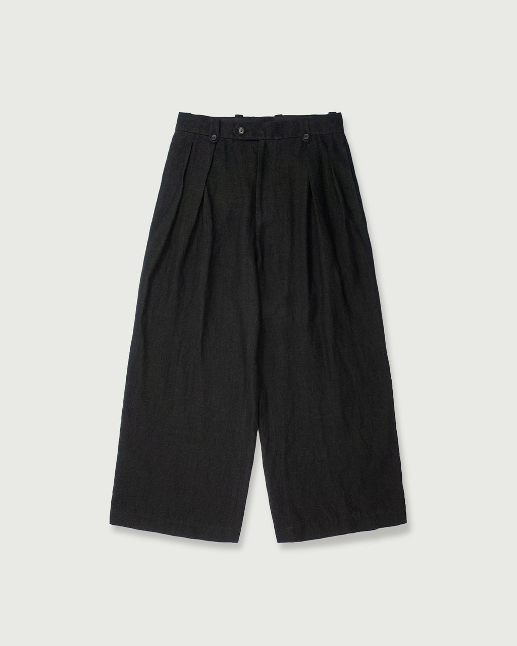 French Linen Back Belt 3Tuck Wide Straight Trousers <#black>