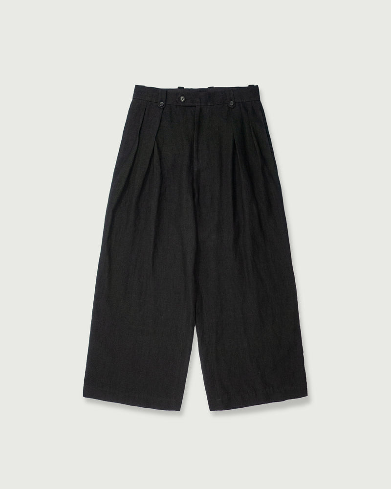 French Linen Back Belt 3Tuck Wide Straight Trousers <#black>