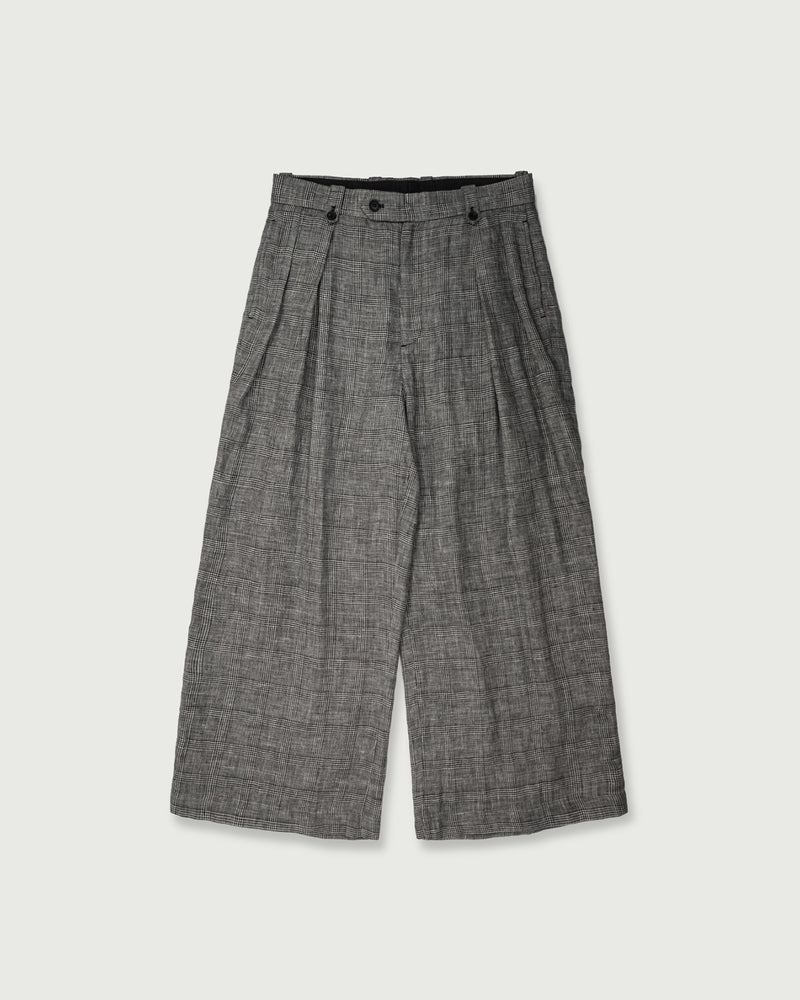 Glen Check Linen Back Belt 3Tuck Wide Straight Trousers <#glen check>