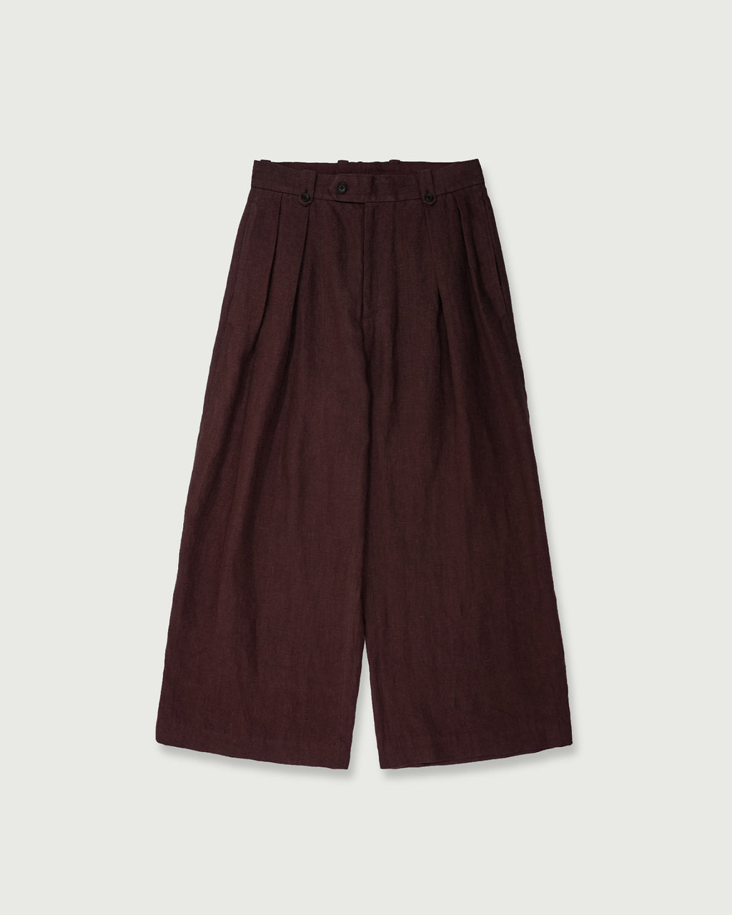 French Linen Back Belt 3Tuck Wide Straight Trousers <#burgundy>