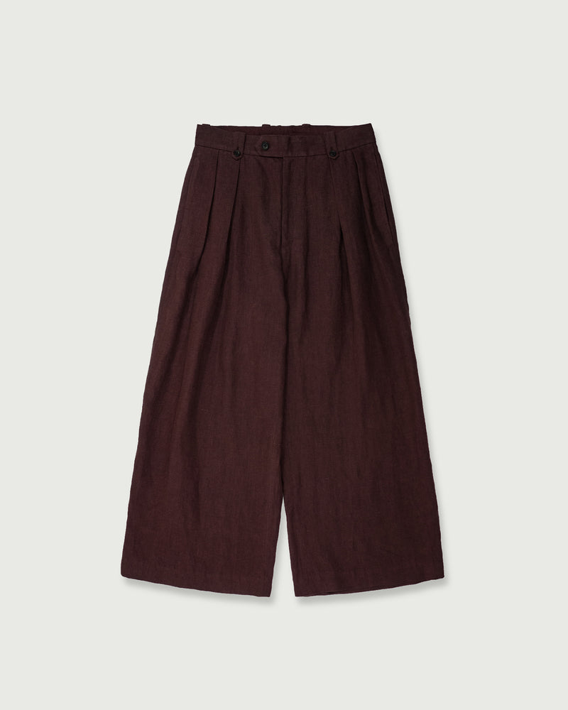 French Linen Back Belt 3Tuck Wide Straight Trousers <#burgundy>