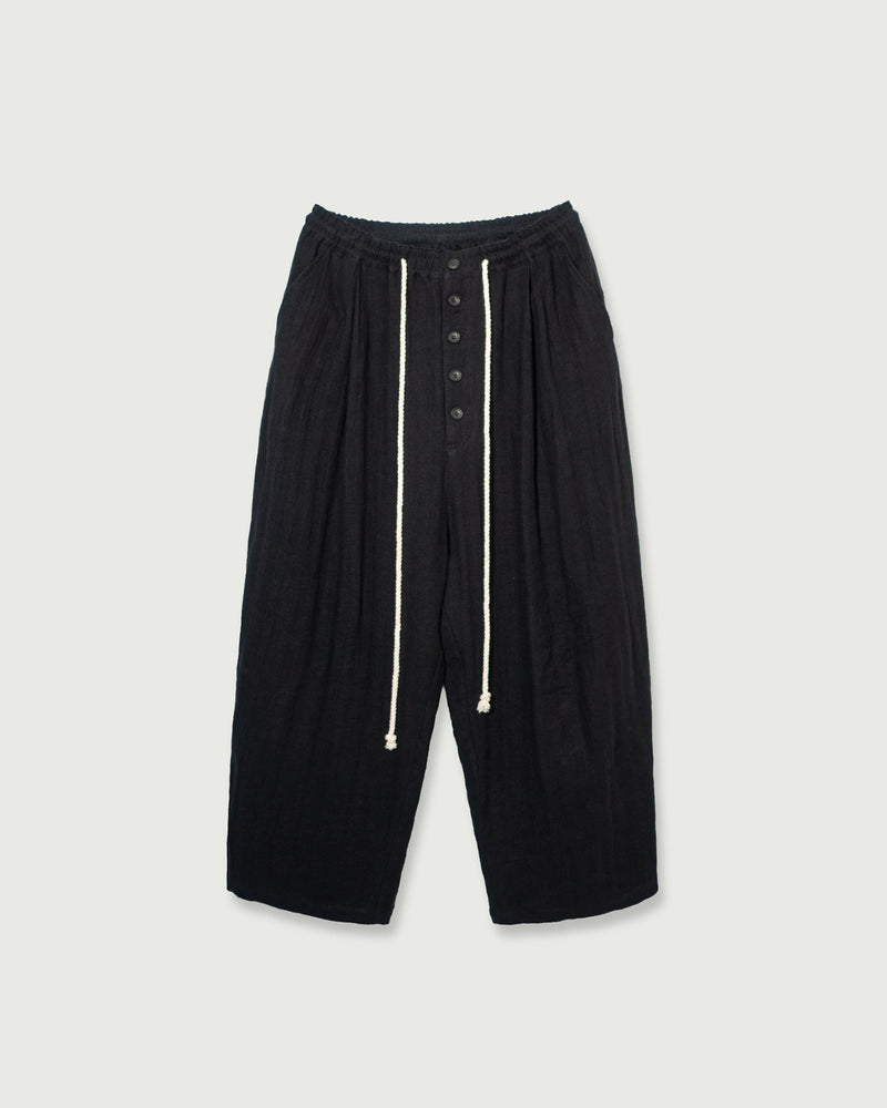 Linen Herringbone Button-Fly Easy Sarouel Pants <#black>