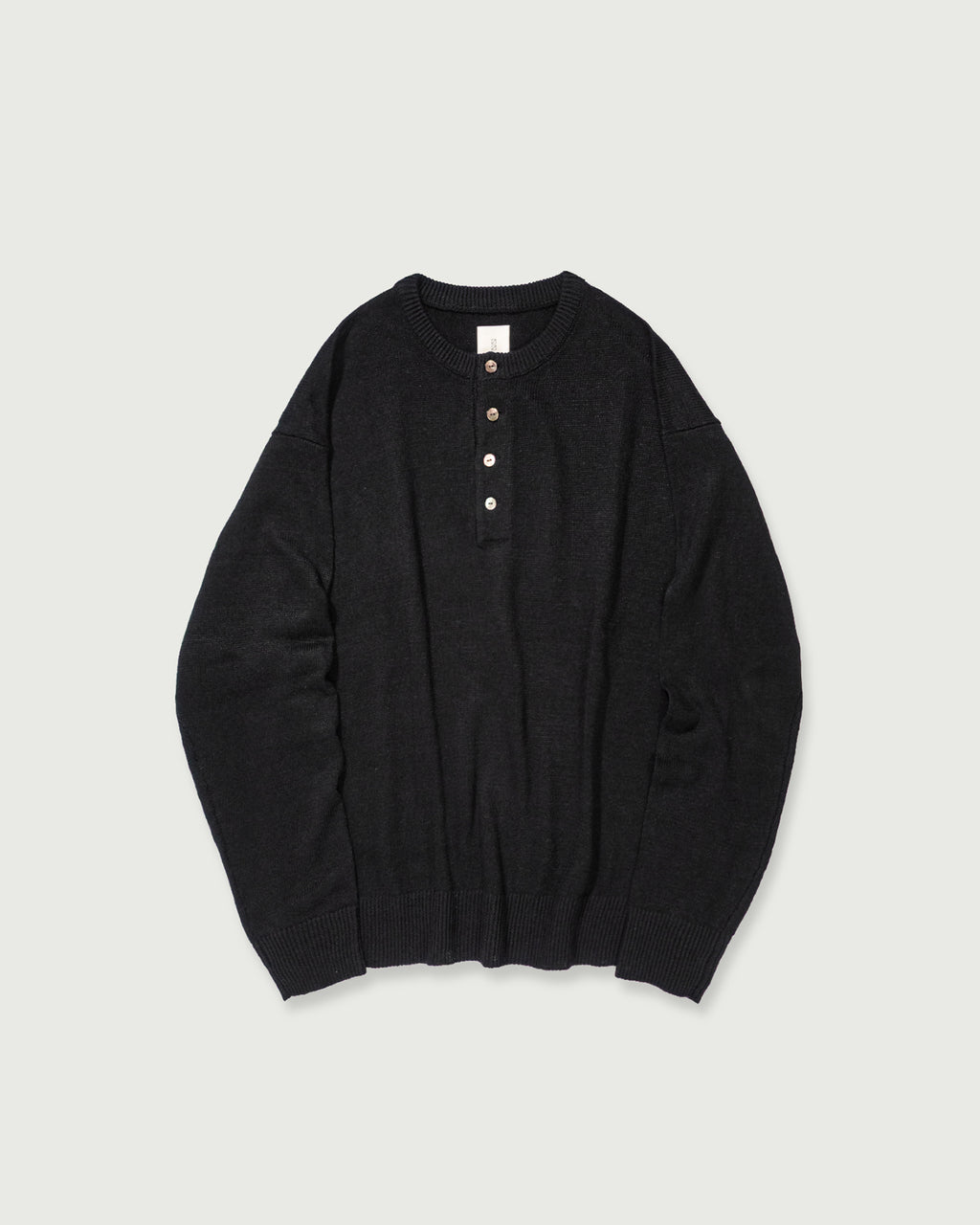 Linen Mid-Gauge Henley Neck Knit Pullover <#black>