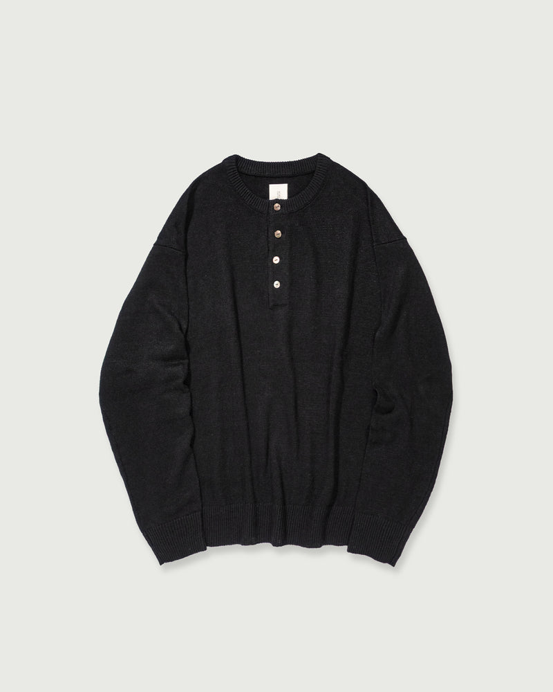 Linen Mid-Gauge Henley Neck Knit Pullover <#black>