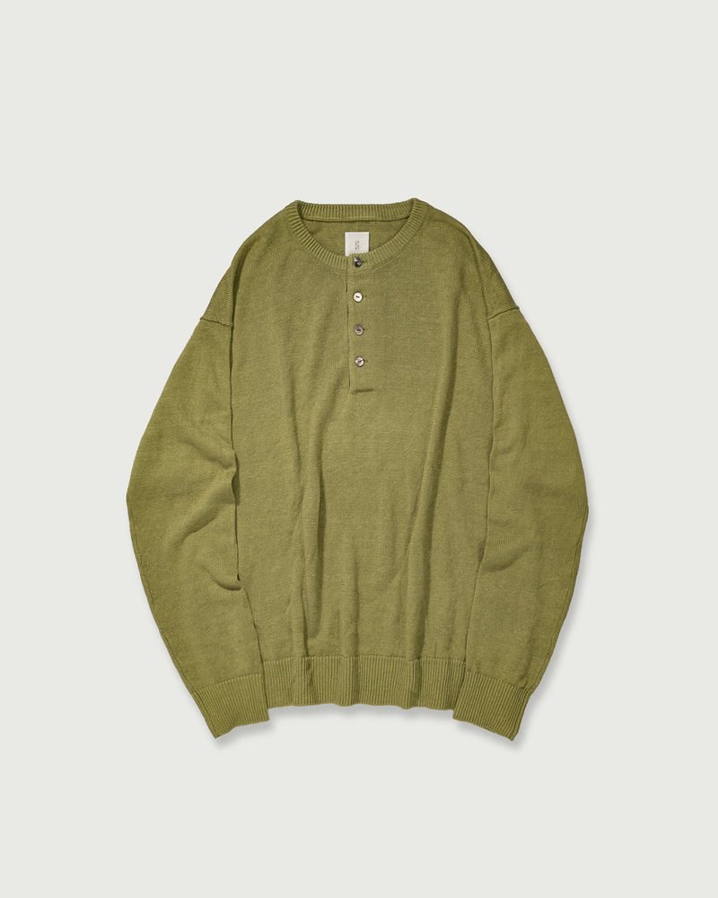 Linen Mid-Gauge Henley Neck Knit Pullover <#yellow>