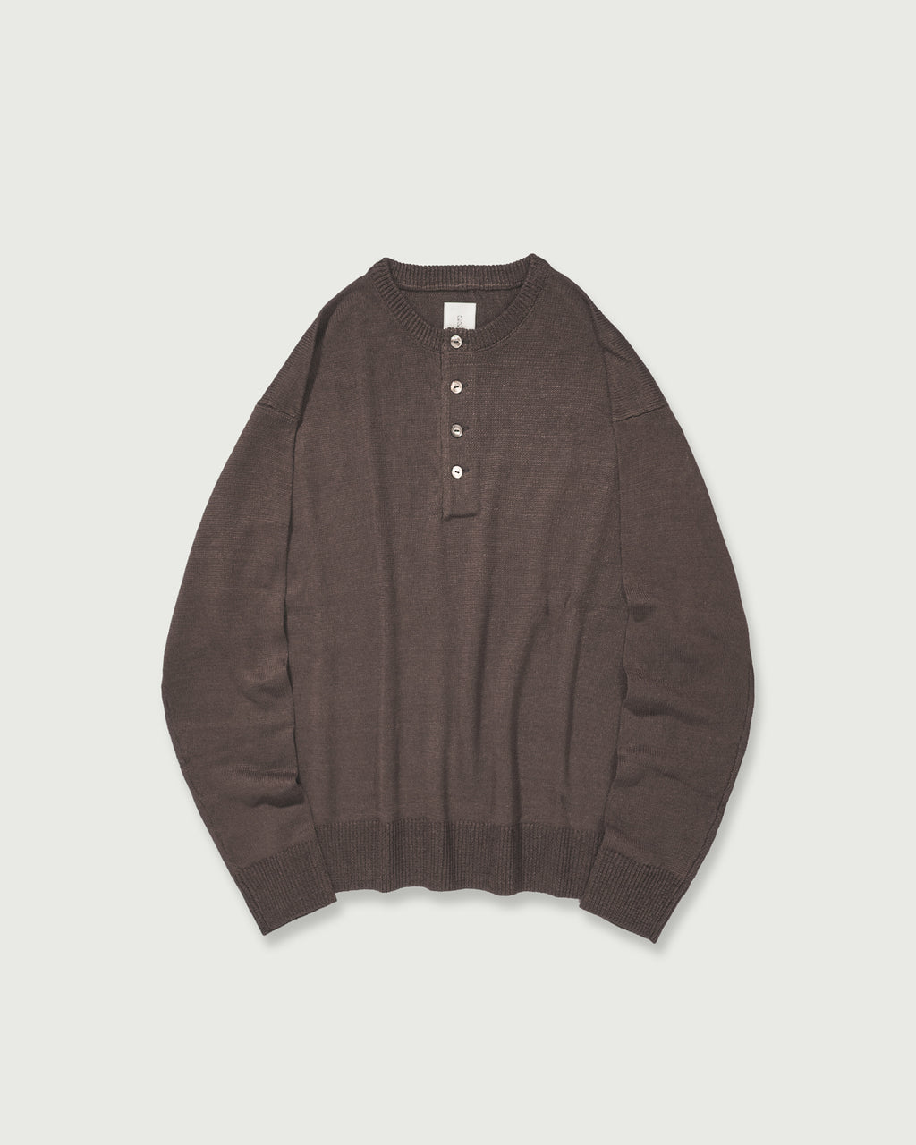 Linen Mid-Gauge Henley Neck Knit Pullover <#brown>