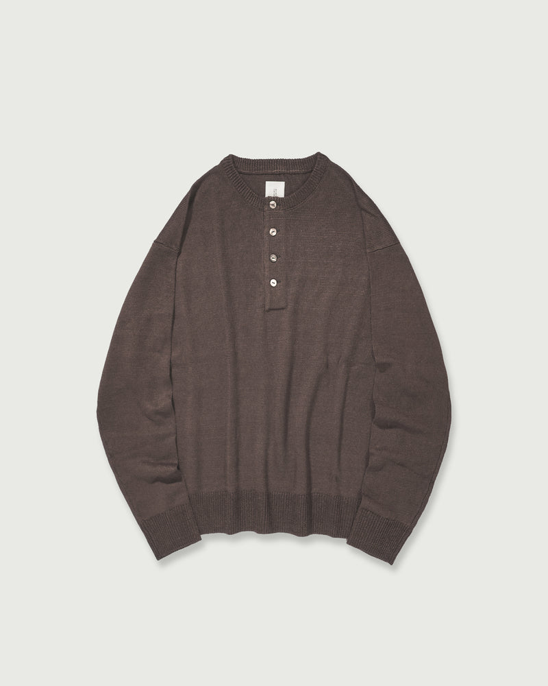 Linen Mid-Gauge Henley Neck Knit Pullover <#brown>