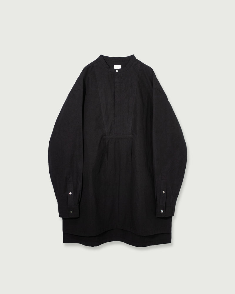 Organic Cotton Band Collar Side Slit Grandpa Shirt <#black>