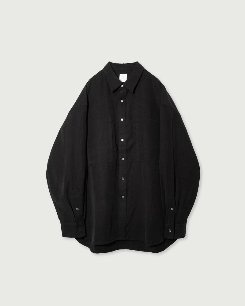Linen-Tencel Double Pocket Regular Collar Over Shirt <#black>