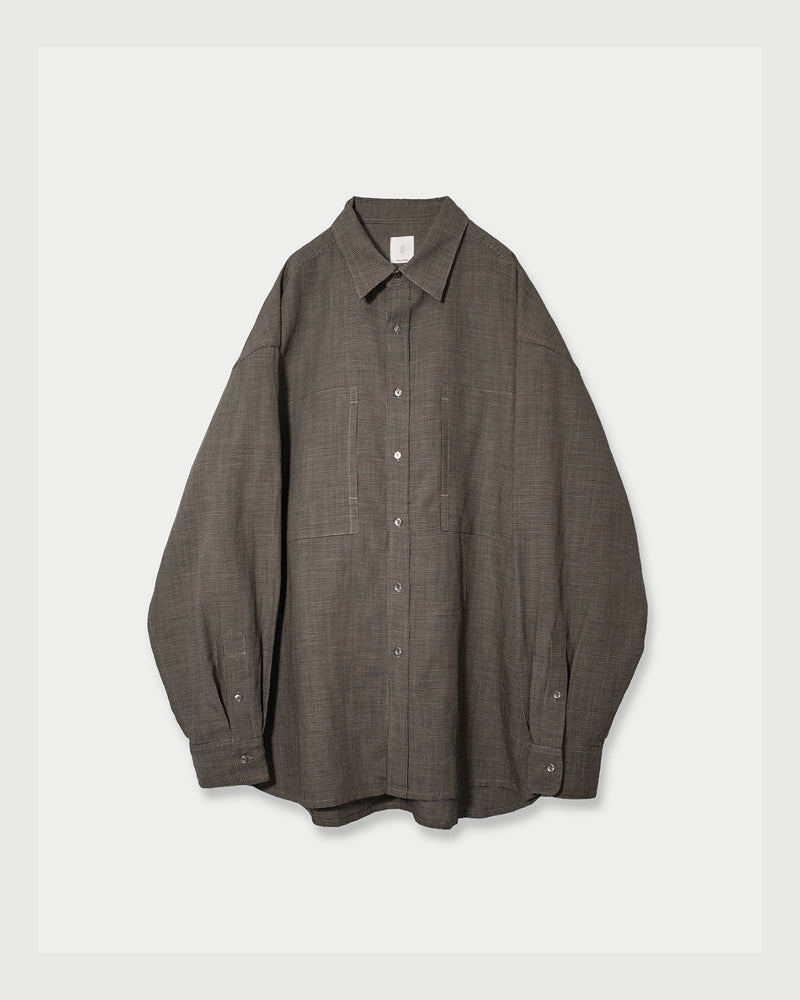 Linen-Tencel Double Pocket Regular Collar Over Shirt <#black×beige>