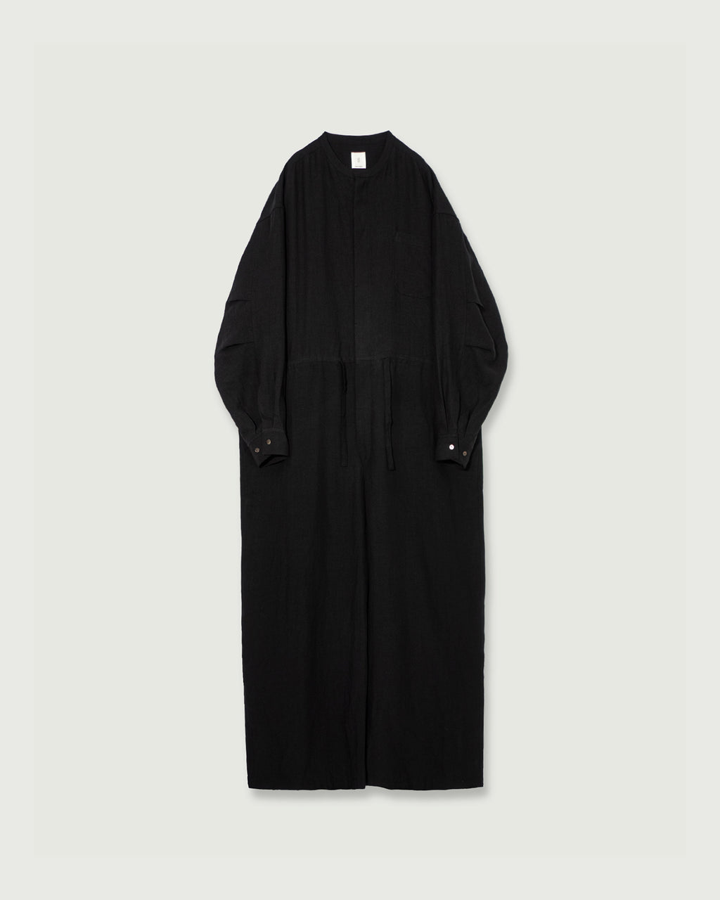 Wash Linen Band Collar Long-Sleeve Jumpsuit <#black>