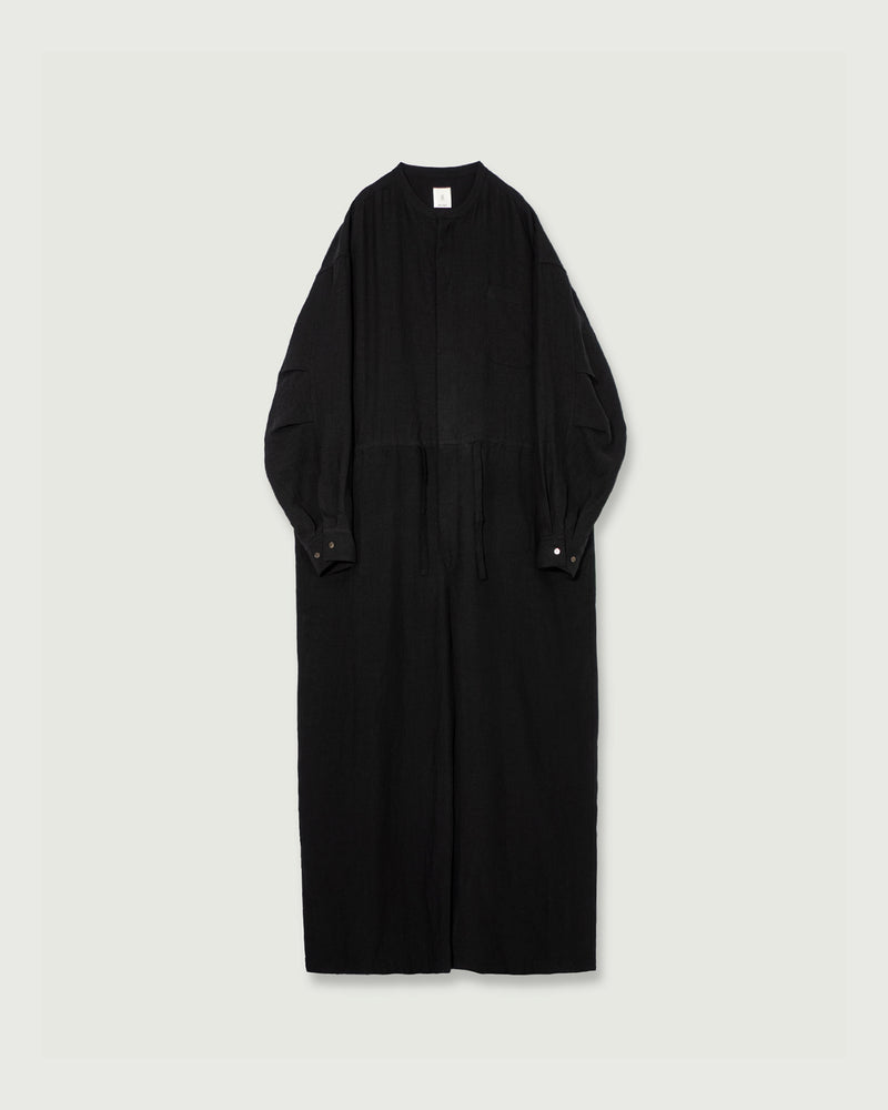 Wash Linen Band Collar Long-Sleeve Jumpsuit <#black>