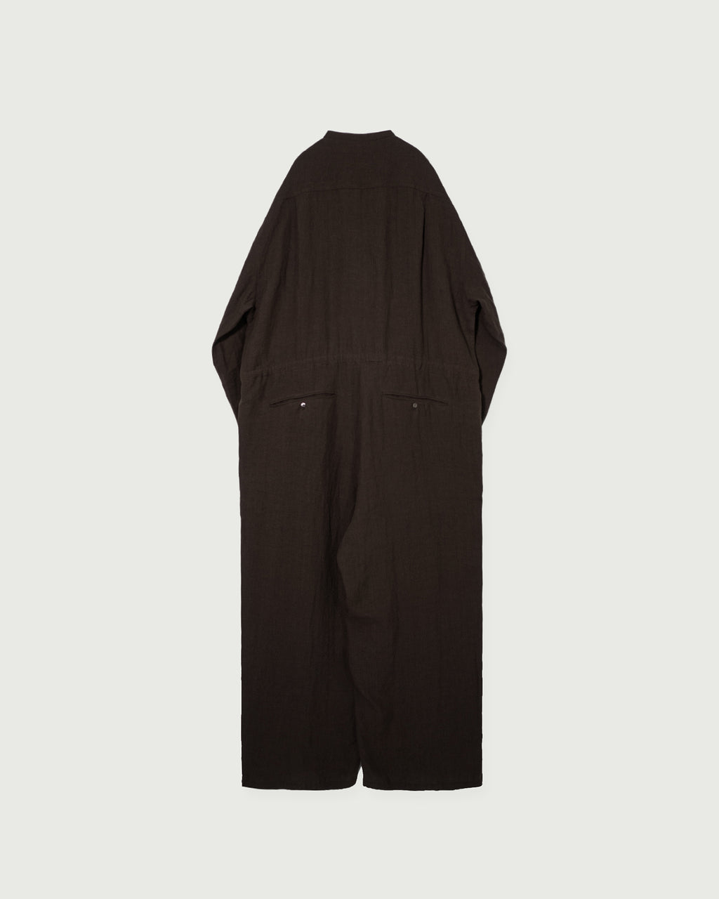 Wash Linen Band Collar Long-Sleeve Jumpsuit <#brown>
