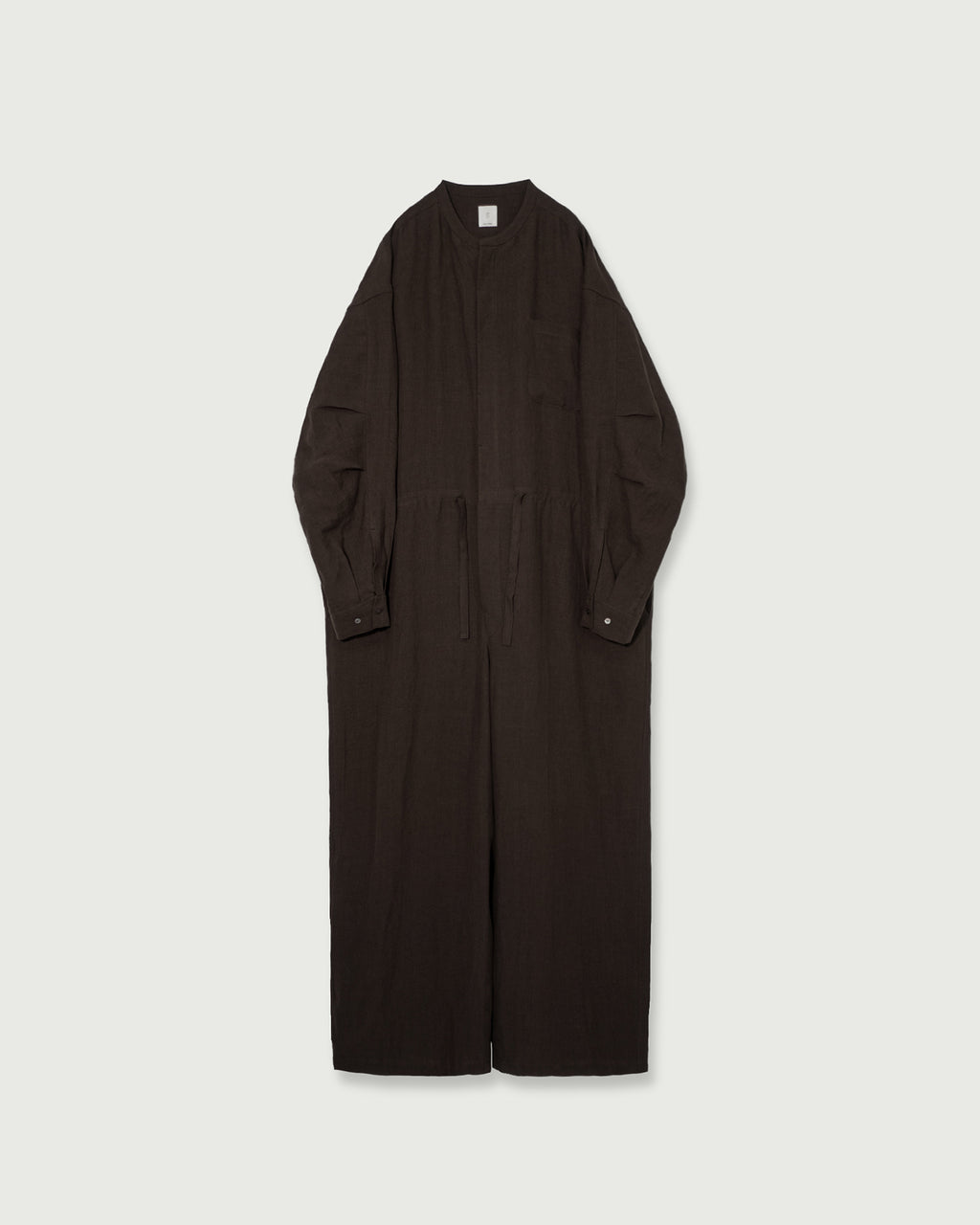 Wash Linen Band Collar Long-Sleeve Jumpsuit <#brown>