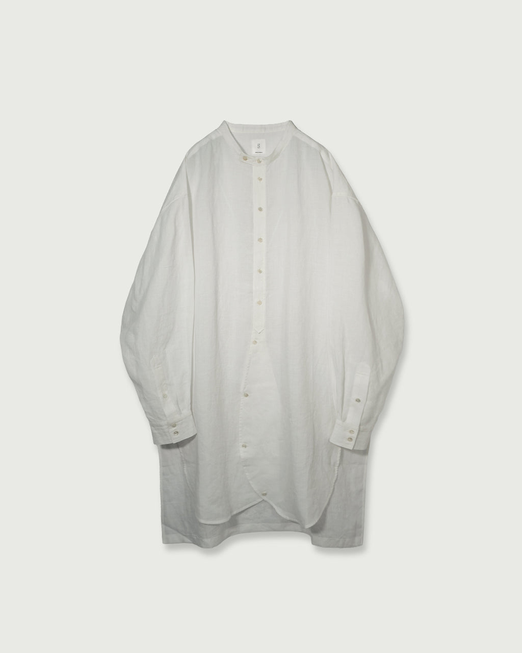 Linen Band Collar Round Slit Long Officer Shirt <#off white>