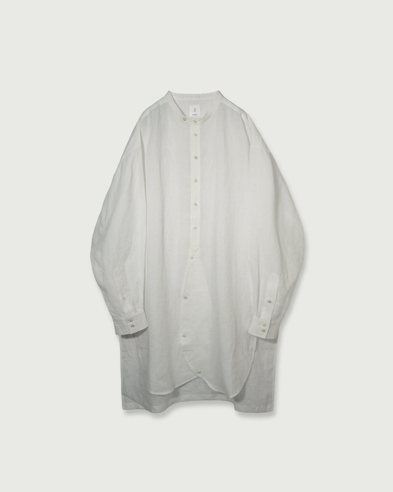 Linen Band Collar Round Slit Long Officer Shirt <#off white>