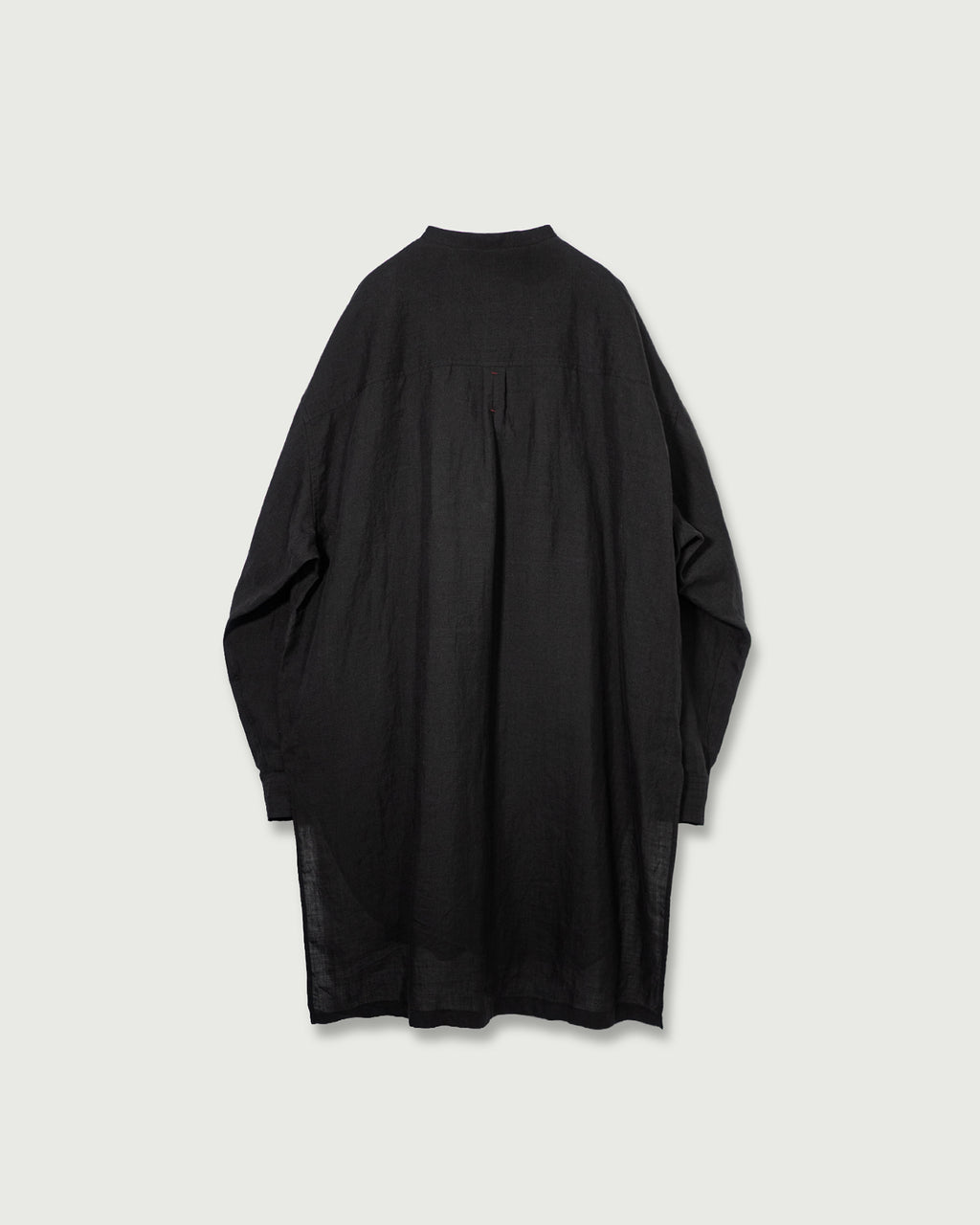 Linen Band Collar Round Slit Long Officer Shirt <#black>