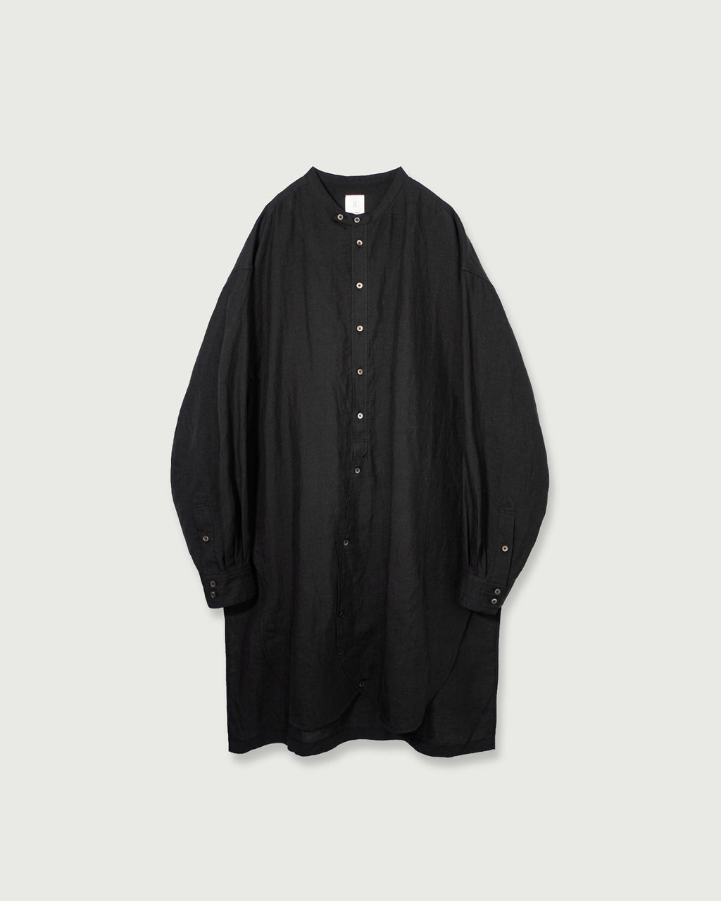 Linen Band Collar Round Slit Long Officer Shirt <#black>