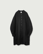 Linen Band Collar Round Slit Long Officer Shirt <#black>