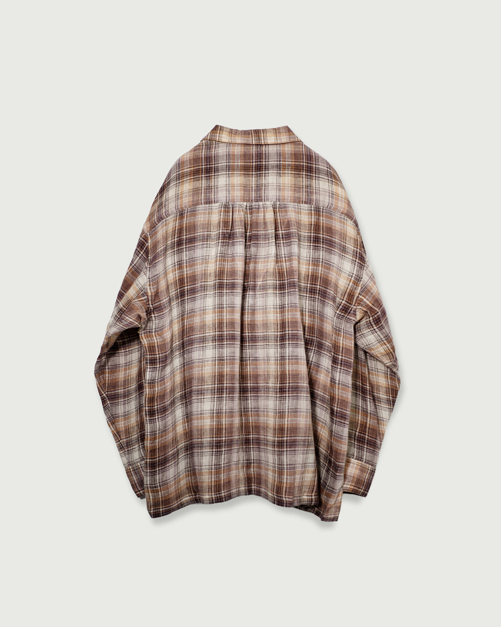 Linen Madras Check Open Collar Long-Sleeve Gathered Shirt<#red check>
